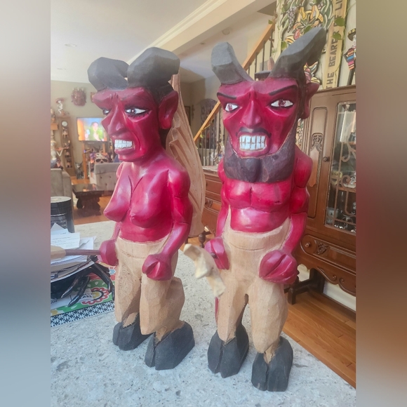 Amazing folk art carved wood figurines 18 inches tall  , wings & wand removable - Picture 2 of 3